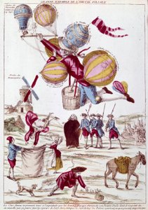 Vol en ballon : un neveu, inquiet de ne pas recevoir de nouvelles de son oncle en voyage en ballon, fait tout son possible pour le rejoindre, et décolle tous les ballons construits (Lyon, Champs de Mars, La Muette, Versailles) pour survoler Paris. Gravure 