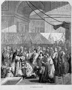 Baptême de Clovis par Anastase II dans la cathédrale de Reims le 25 décembre 498 - dans « Histoire des papes », vol. 1, Maurice Lachatre