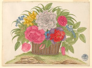 Panier de fleurs et de feuilles sur la terre - Unknown artist