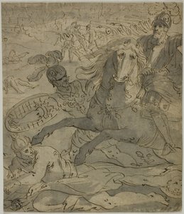 Scène de bataille avec général en charge à cheval au premier plan, artillerie et canons en arrière-plan - Unknown artist
