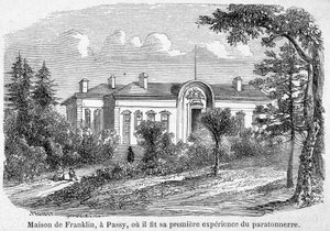 Maison de Benjamin Franklin à Passy, où il fit sa première expérience de paratonnerre - gravure
