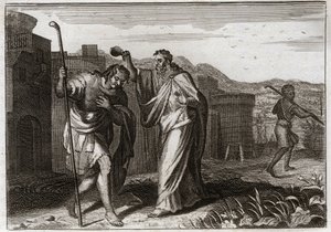 Bible de Royaumont, Ancien Testament : Rite de Saül. Samuel, sur ordre de Dieu, sacre Saül roi des Juifs. Illustration de 1811.
