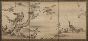 Oiseaux, fleurs et arbres : au dos, bambous