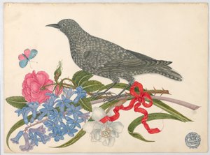 Oiseau Noir avec Fleurs, Papillon et Ruban Rouge