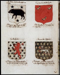 Blasons des chevaliers de la Table Ronde : 1. Brallain, le chevalier aux deux balançoires, 2. Le chevalier de Norgales, 3. Gallehault, 4. L