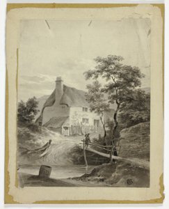 Garçon sur un pont devant un cottage