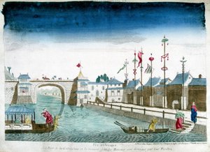 Pont de Cochinchine et bateaux distingués quittant les pavillons. Gravure de la fin du XVIIIe siècle