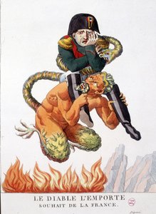 Caricature de Napoléon Bonaparte porté par le diable : Que le diable exauce le souhait de la France - dans « Napoléon I, caricatures, collection factice ». 1814 - 1815. B.H.V.P.