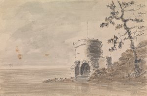 Ruin de château dans un paysage avec un lac