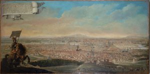 Vue cavalière de Paris, avec le portrait équestre du Chevalier des Essarts, circa 1645 - Unknown artist