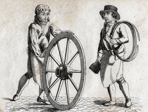 Charron avec roue de charrette et apprenti. Gravure fin XVIIIe siècle.