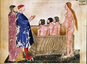 Cercle des Adulateurs : Dante et Virgile rencontrent Alessio Interminelli, Seigneur de Lucques, et Thaïs la prostituée. Page illuminée illustrant le 18e chant de l