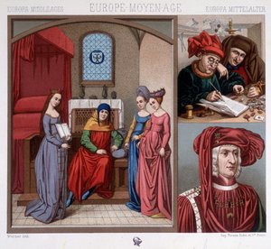 Costumes civils au Moyen Âge au 15e siècle. En haut à droite : changeurs de monnaie à Anvers. En bas à droite : portrait de Maximilien d