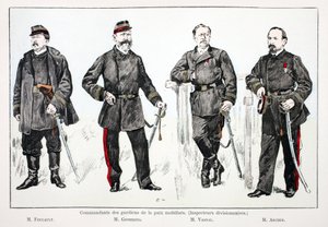Commandants des gardiens de la paix mobilisés (inspecteurs divisionnaires), de gauche à droite : M. Foucault, M. Giobergia, M. Vassal, M. Archer. Eau-forte en couleurs pour illustrer "Histoire du corps des gardiens de la paix" - Unknown artist