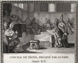 Conseil de Troyes le 7 septembre 878. En mai 878, le pape Jean VIII menacé par les Sarrasins et les nobles italiens, vint se réfugier à Arles sous le duc Boson et sa femme Ermengarde. Il l