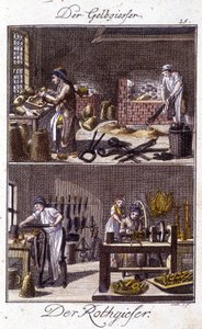 Artisanat : le fondeur de cuivre et le dinandier dans leurs ateliers. Dans « Description complète des arts et métiers et ateliers pour les jeunes » par Johan Peter Vire. Éd. Nuremberg, Weigel et Schneider - Unknown artist