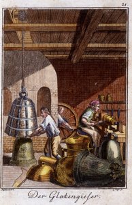Artisanat : le fondeur de cloches dans son atelier. Dans « Description complète des arts et métiers et ateliers pour les jeunes » par Johan Peter Vue. Éd. Nuremberg, Weigel et Schneider - Unknown artist