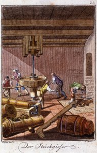 Artisanat : les fondeurs de canons dans leur atelier. Dans « Description complète des arts et métiers et ateliers pour les jeunes » par Johan Peter Vue. Éd. Nuremberg, Weigel et Schneider