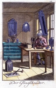 Artisanat : le cristallier dans son atelier. Dans « Description complète des arts et métiers et ateliers pour les jeunes » par Johan Peter Vue. Éd. Nuremberg, Weigel et Schneider - Unknown artist