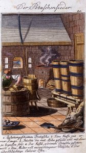 Métiers : le salinier travaillant la potasse dans son atelier. Dans « Description complète des arts et métiers et ateliers pour les jeunes » par Johan Peter Vue. Ed. Nuremberg, Weigel et Schneider