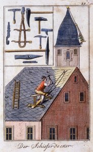 Artisanat : le couvreur en ardoise et ses outils de travail. Dans « Description complète des arts et métiers et ateliers pour les jeunes » par Johan Peter Vue. Éd. Nuremberg, Weigel et Schneider - Unknown artist