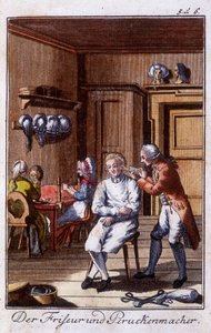 Métiers : coiffeur et perruquier dans leur atelier. Dans « Description complète des arts et métiers et ateliers pour les jeunes » par Johan Peter Vue. Éd. Nuremberg, Weigel et Schneider