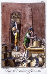 Artisanat : le porcelainier dans son atelier. Dans « Description complète des arts et métiers et ateliers pour les jeunes » par Johan Peter Vue. Éd. Nuremberg, Weigel et Schneider - Unknown artist