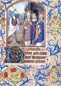 La Mort avec sa lance pointée sur trois figures, un pape, un roi et une reine, devant une église gothique, vers 1470 - Unknown artist