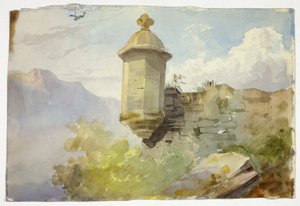 Belvédère en dôme sur un mur dans un paysage de montagne (recto) ; personnages traversant un pont devant la montagne (verso)