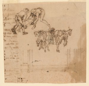 Dessin: A) Deux hommes portant un tronc; quatre mules avec un conducteur. B) Projet pour un cadre