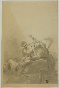 Homme mourant assisté par deux figures tenant une bougie, un livre et une croix - Unknown artist