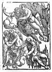 Éole (en bas à droite) et les vents. « Mythologiae sive explicationes fabularum » de Natalis Comitis. Padoue 1677.