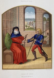 Ésaü avec ses armes de chasse et son père Isaac. Chromolithographie du 19ème siècle - Unknown artist