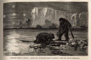 Chasseurs esquimaux espionnant un phoque à travers un trou creux dans la banquise, attendant à la tombée de la nuit pour le harponner. Gravure pour illustrer le voyage vers la mer libre du pôle Arctique, par le Docteur Hayes, chirurgien de la Marine des Ét