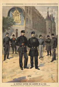 Évolution des uniformes des gardiens de la paix (ou sergents de ville) de 1860 à 1894, devant la tour de l
