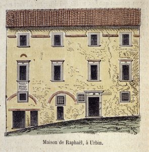 Façade de la maison où a vécu le peintre Raffaello Santi (Raphaël) (1483 - 1520) à Urbino, Italie