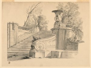 Fantaisie. Un escalier dans un parc, en ruines.