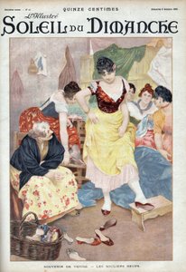 Mode fin 19ème siècle : nouvelles chaussures de Venise. Femmes essayant des chaussures de la ville italienne. Gravure dans « Le soleil-du-dimanche », 8 octobre - Unknown artist