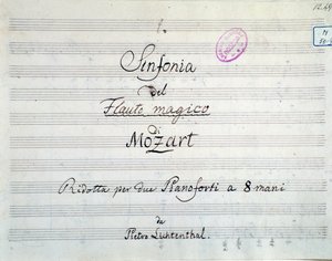 Première page de la symphonie réduite pour deux pianos et huit mains de Die Zauberflöte, opéra de Mozart, version Lichtenthal (19ème siècle)