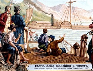 Premier voyage du bateau à vapeur « Clermont » par Robert Fulton (1765-1815), ingénieur américain sur le fleuve Hudson, USA - Unknown artist