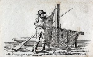 Pêcheur et filet de pêche. Belle gravure du XVIIIe siècle. Collection privée.