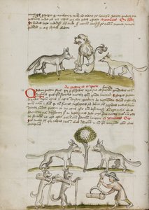 Renard et loup devant un lion ; deux loups sous un arbre traînant des balles de blé ; un fermier regroupant des gerbes de blé - Unknown artist