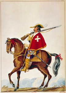 Armée française : De Valmont, mousquetaire de la garde du cardinal Richelieu. Gravure du XVIIe siècle
