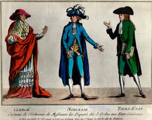 Révolution française : représentation des députés des trois ordres aux États généraux en costume cérémonial : le clergé, la noblesse et le tiers état. Estampe de la fin du XVIIIe siècle. Collection privée - Unknown artist