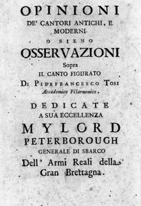 Frontispice de « Opinioni dei cantori antichi e moderni ossiano osservazioni sopra il canto figurato » par Pier Francesco Tosi (1653 - 1732), castrat, compositeur et théoricien italien. 1723