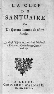 Frontispice de "La clé du sanctuaire" par Baruch Spinoza (1632-1677), philosophe néerlandais également connu sous le nom de Bento de Espinosa ou Benedictus de Spinoza ou Benoît de Spinoza. 1678