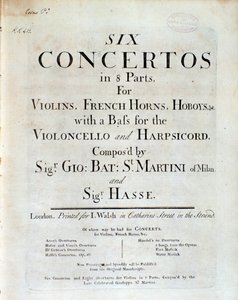 Frontispice de la partition musicale Six concertos en 8 parties par G B Sammartini et J A Hasse
