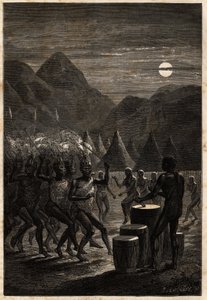 Cérémonie funéraire chez les Lakutas (tribu de la région du Haut-Nil), tambours et danses rituelles au clair de lune. Illustration du voyage au lac Albert, 1861-1864, de Sir Samuel White Baker, dans « Le tour du monde, nouveau journal des voyages »