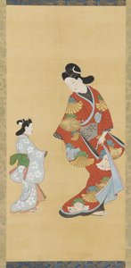 Fille en robe écarlate et dorée avec un enfant - Unknown artist