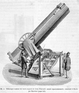 Télescope à miroir de verre par Léon Foucault, monté équatorialement, construit à Paris par Secrétan - dans « Les merveilles de la science » par Louis Figuier